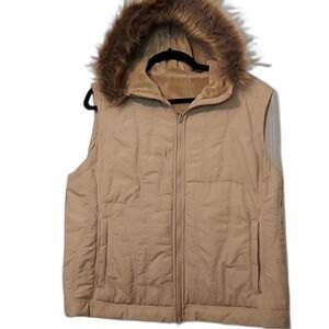 Beige hooded vest size XL faux fur trim zip up